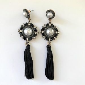 Black Tassel Dangle White Pearl Statement Earrings